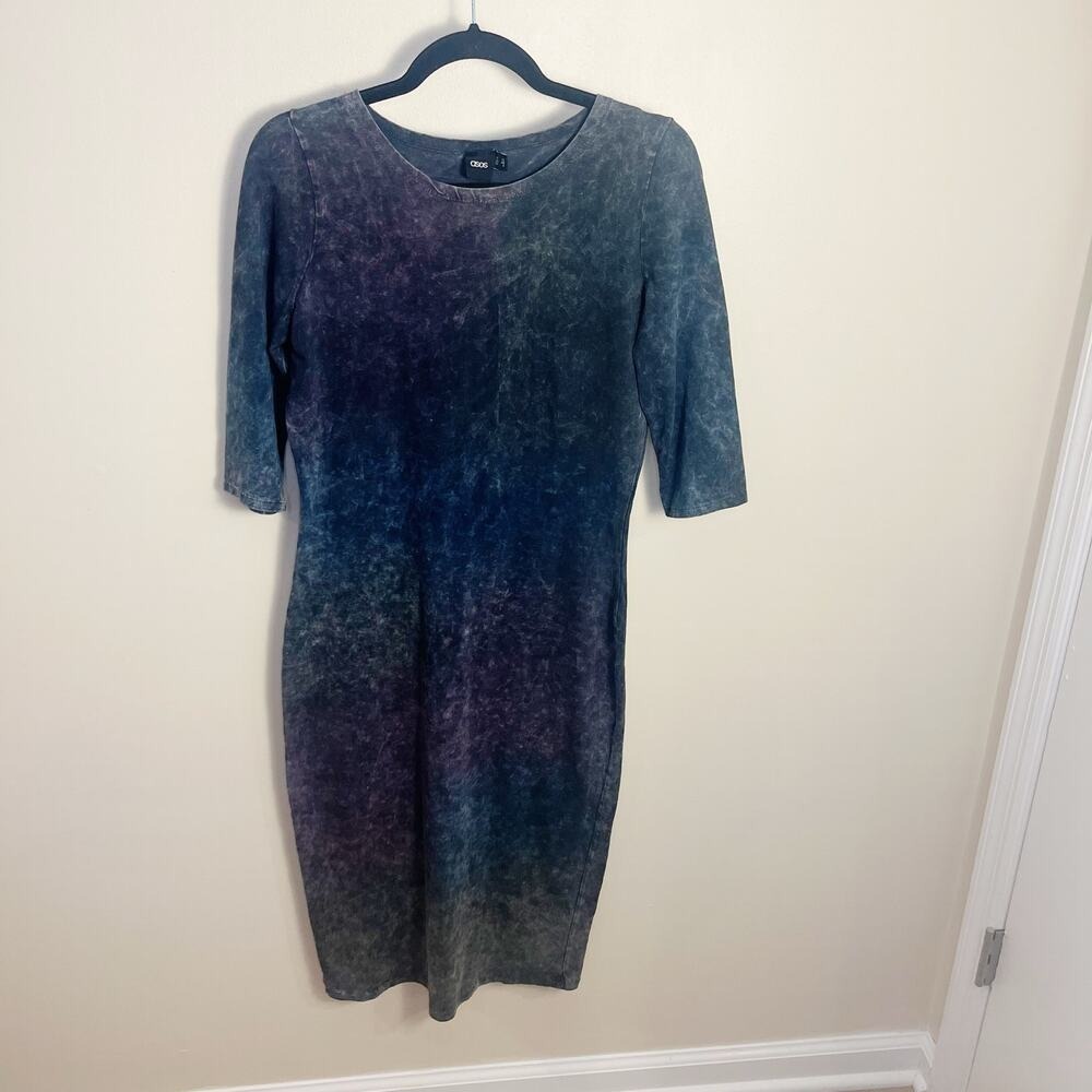 ASOS Dress Women 8 Blue Acid Wash Midi Bodycon Elbow Sleeve Cotton Stretch - Picture 7 of 7